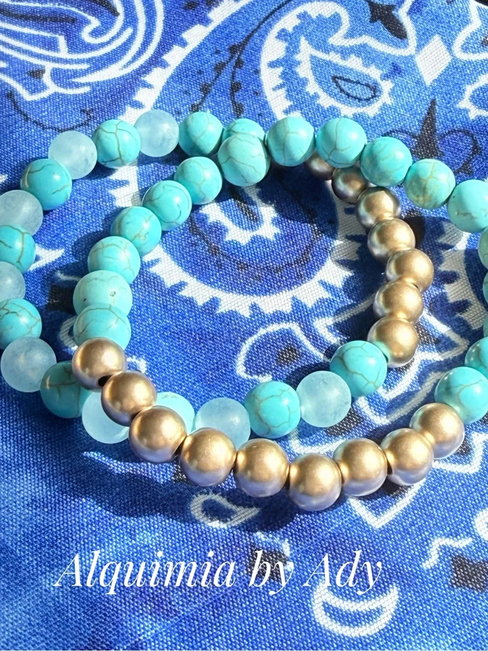 Turquoise and Gold Beaded Stretch Bracelet Set of two